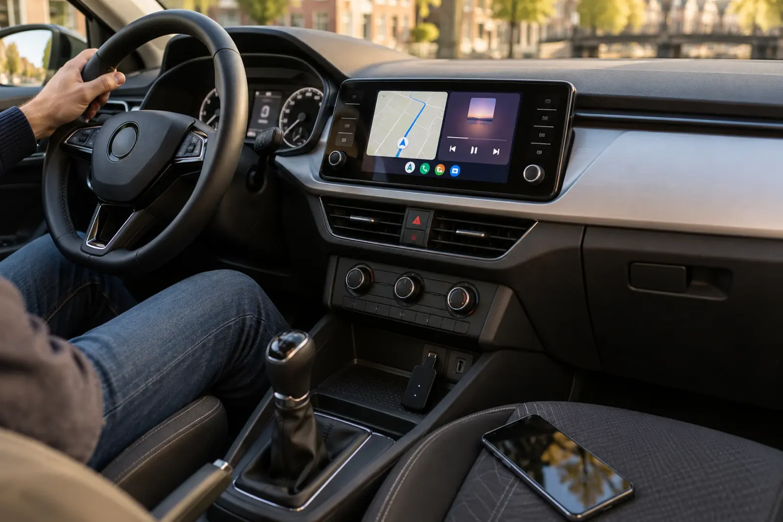 Draadloze Android Auto-adapter in de USB-poort van een Skoda met Android Auto op het scherm, de telefoon ligt los op de stoel, klant uit Leeuwarden