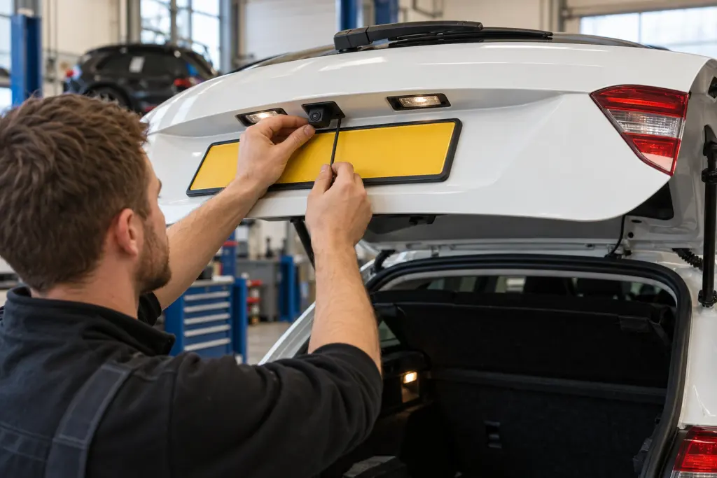Monteur bevestigt een achteruitrijcamera boven de kentekenplaat van een witte Skoda stationwagen voor een klant uit Leeuwarden