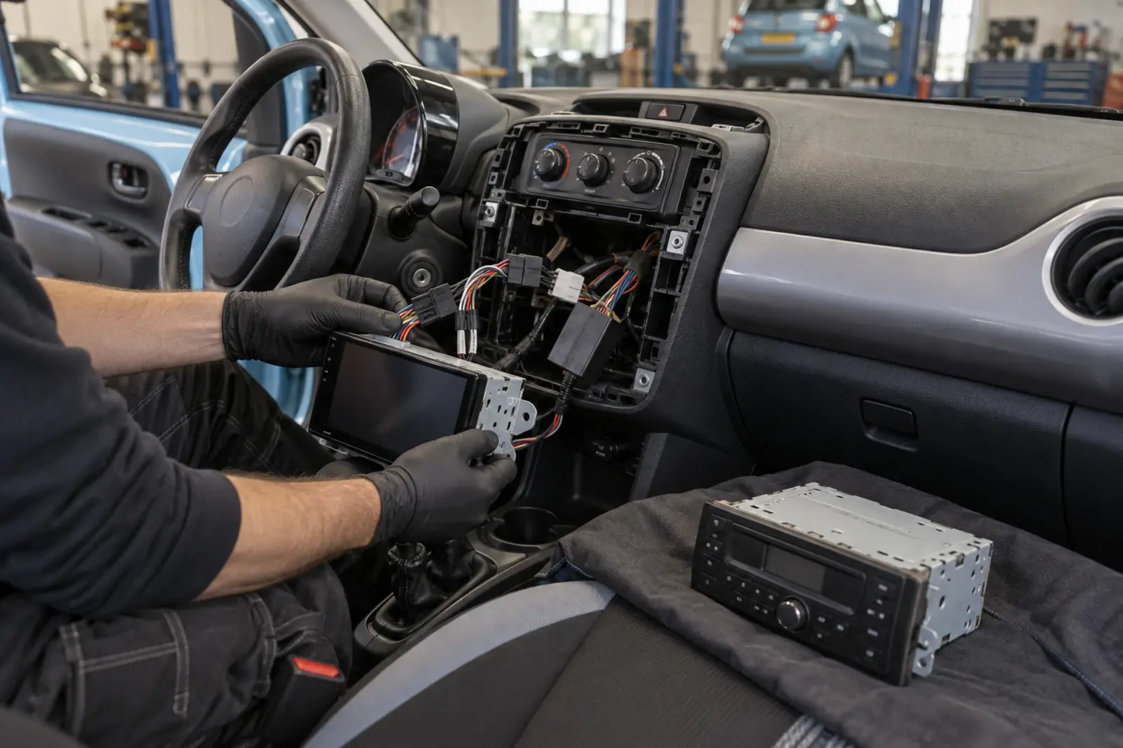 Android Auto radio inbouwen in Leeuwarden: monteur met handschoenen plaatst een nieuw touchscreen in het dashboard van een lichtblauwe Toyota Aygo, de originele radio ligt op de stoel