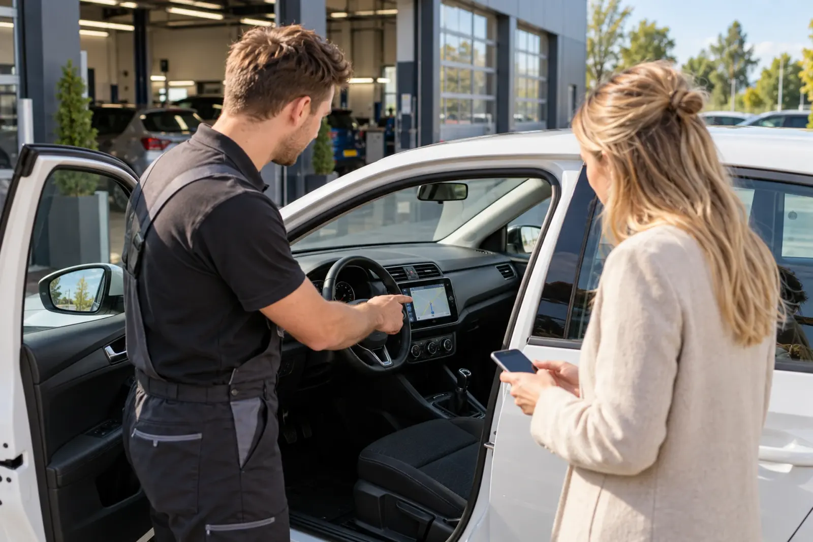 Monteur van de inbouwpartner legt een klant uit Leeuwarden de bediening van het nieuwe CarPlay-scherm uit bij een witte Skoda in de werkplaats