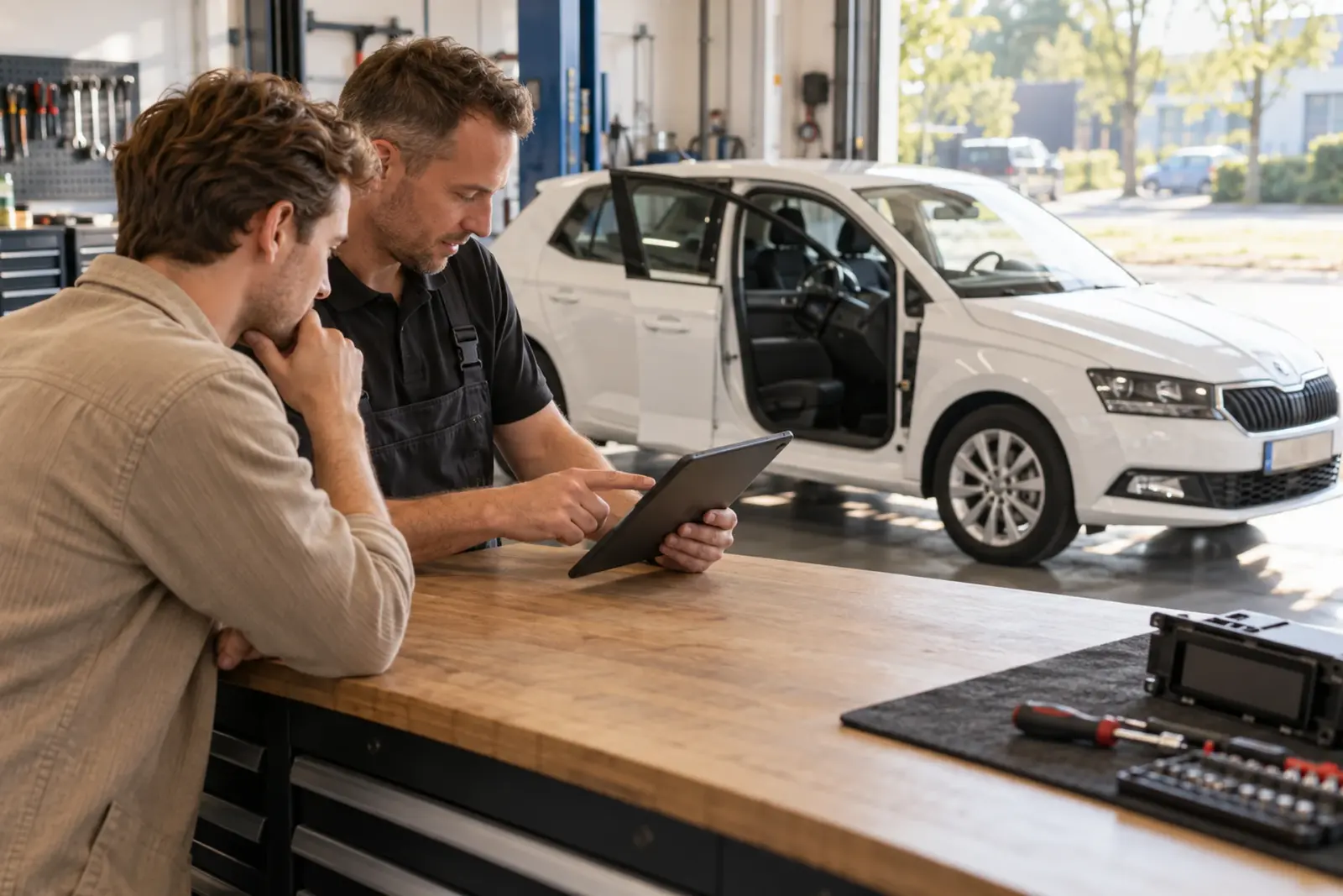 Specialist van de inbouwpartner bespreekt de CarPlay-offerte op een tablet met een klant uit Leeuwarden, met een witte Skoda Fabia in de werkplaats