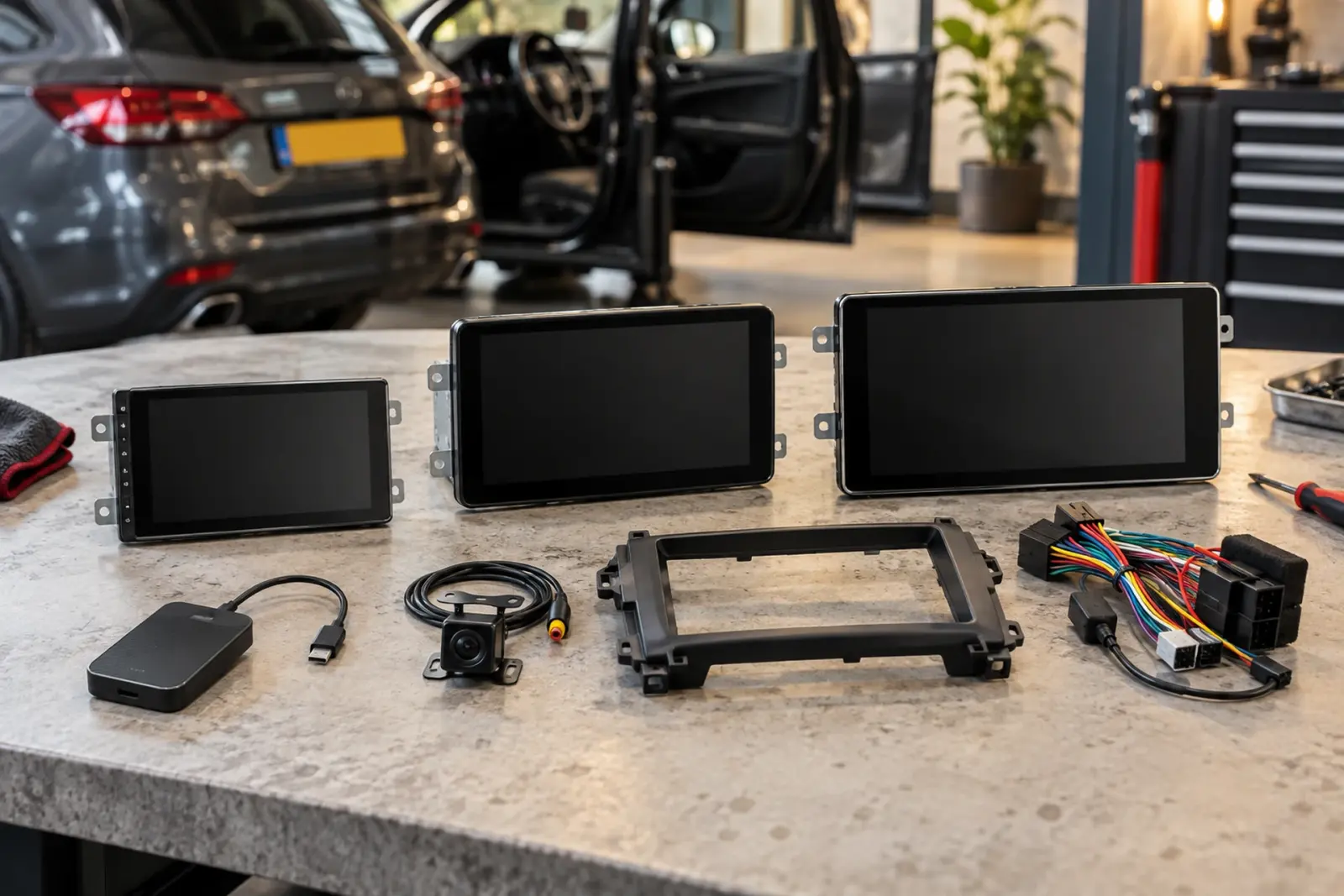 CarPlay prijzen in Leeuwarden: drie touchscreens in verschillende maten, een draadloze adapter, een achteruitrijcamera, een inbouwframe en een kabelboom op de werkbank van de inbouwpartner