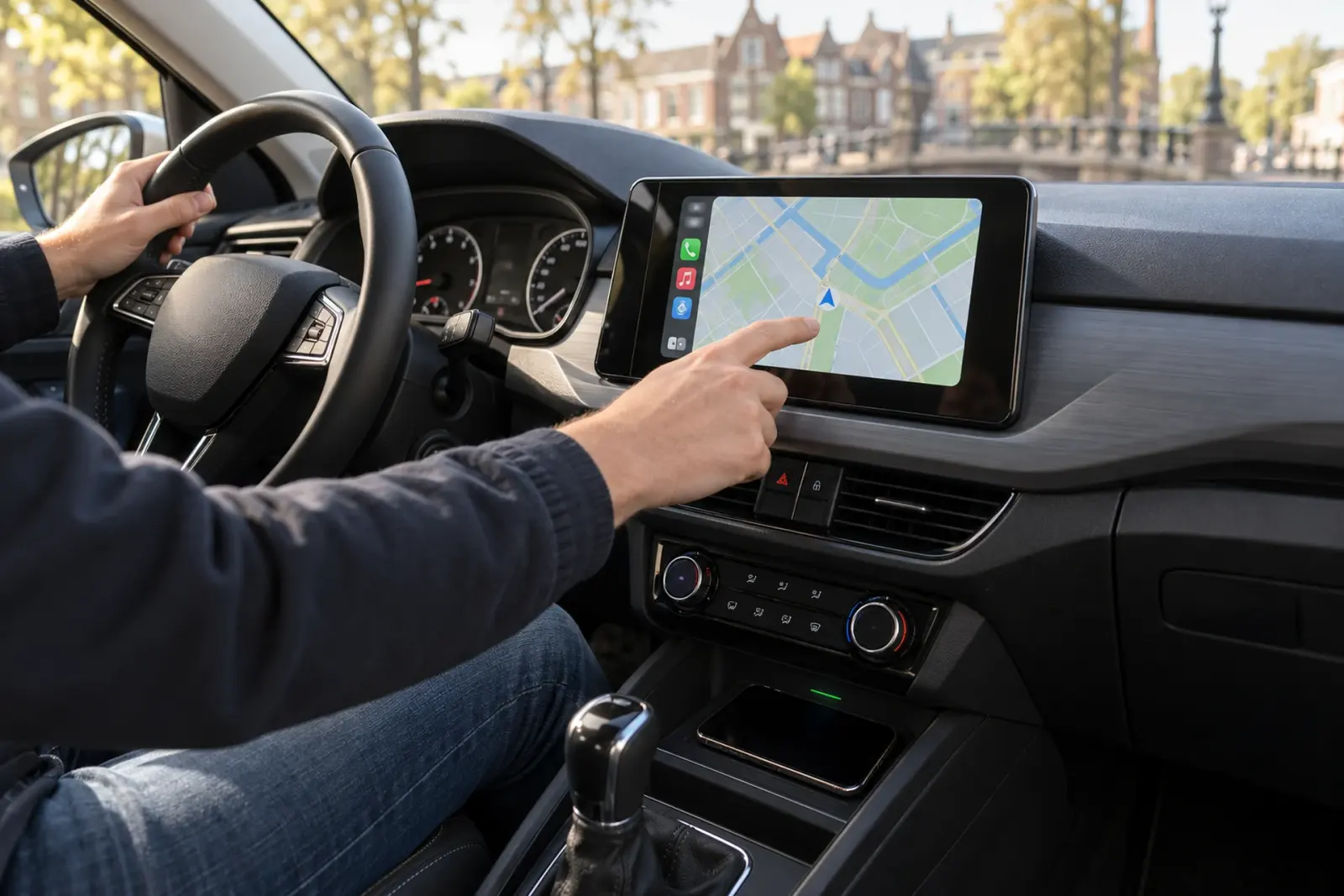 Bestuurder tikt op een zwevend CarPlay-scherm met navigatie in een Skoda, met een gracht in Leeuwarden op de achtergrond