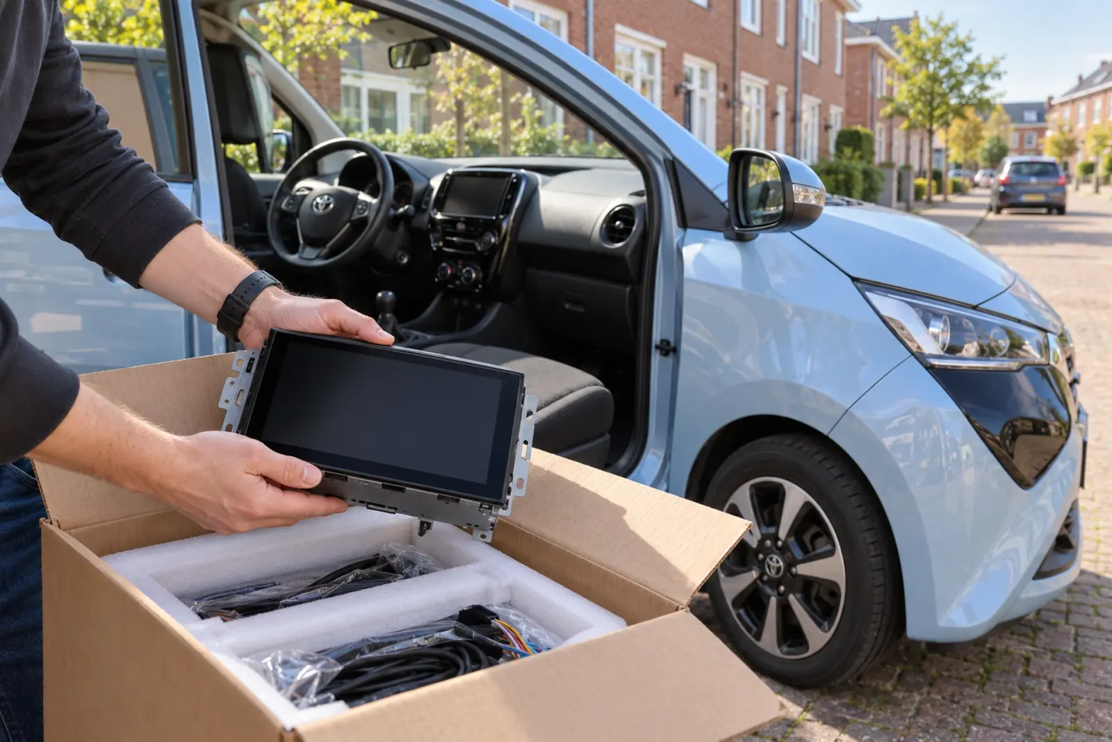 CarPlay scherm bestellen in Leeuwarden: nieuw 2-DIN touchscreen wordt uitgepakt naast een lichtblauwe Toyota Aygo in een woonstraat
