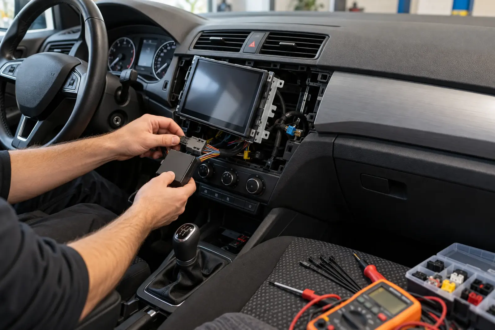 Monteur sluit de kabelboom en de interface aan achter een nieuw CarPlay-scherm in een Skoda, met een multimeter op de stoel, in de werkplaats van de inbouwpartner in regio Leeuwarden