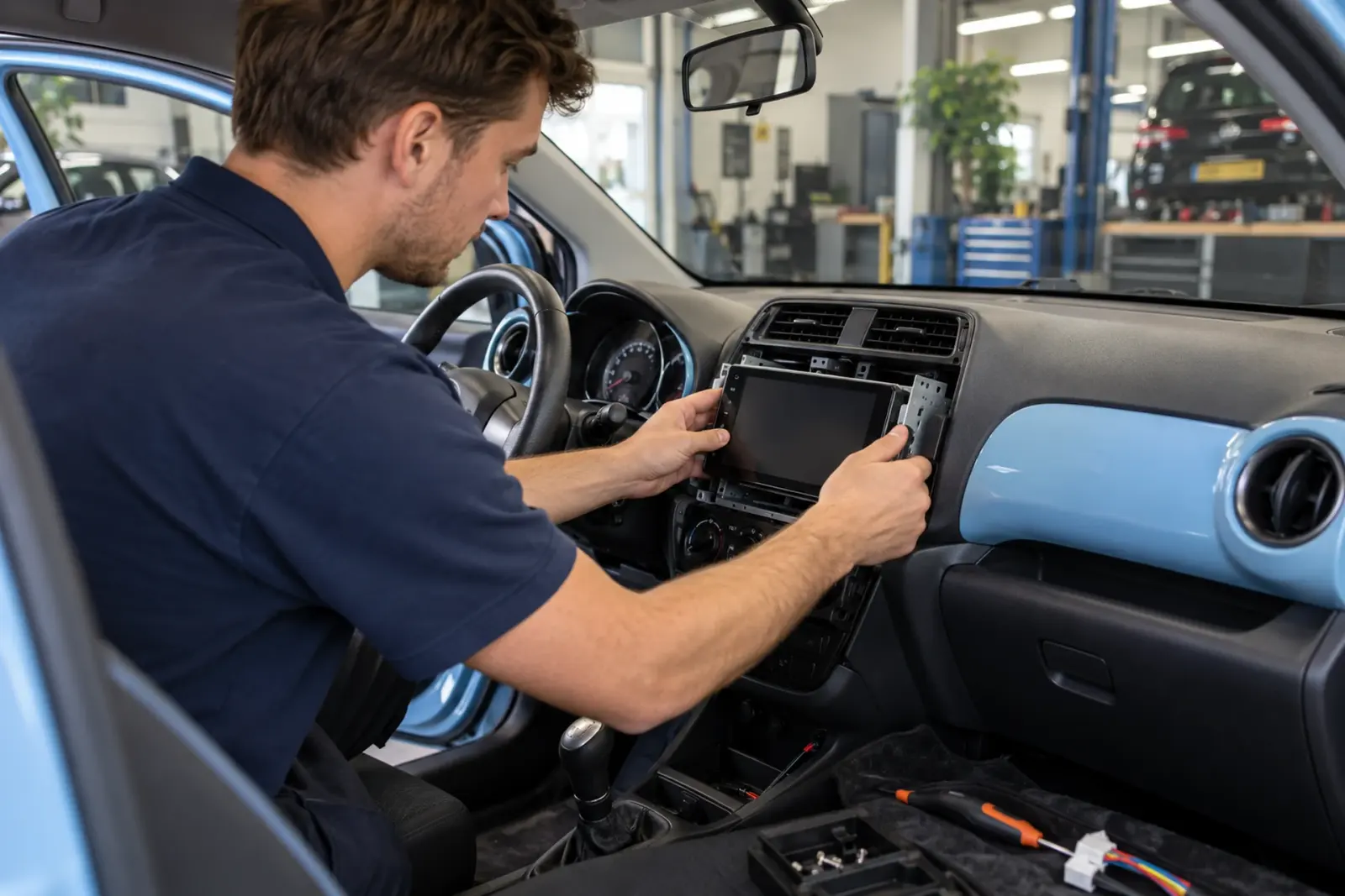 CarPlay scherm inbouwen in Leeuwarden: monteur plaatst een 2-DIN touchscreen in het dashboard van een lichtblauwe Toyota Aygo in de werkplaats van de inbouwpartner