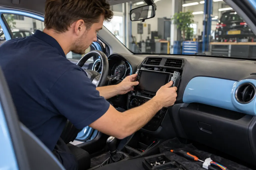 Monteur schuift een nieuw CarPlay-scherm in het dashboard van een Toyota Aygo in de werkplaats van de inbouwpartner in regio Leeuwarden